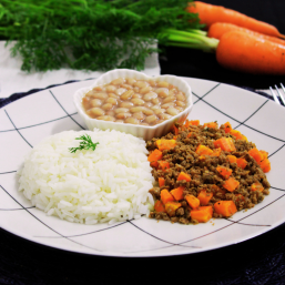 Carne moida com cenoura cubos, arroz branco e feijão carioca 400g | A Tal da Marmita